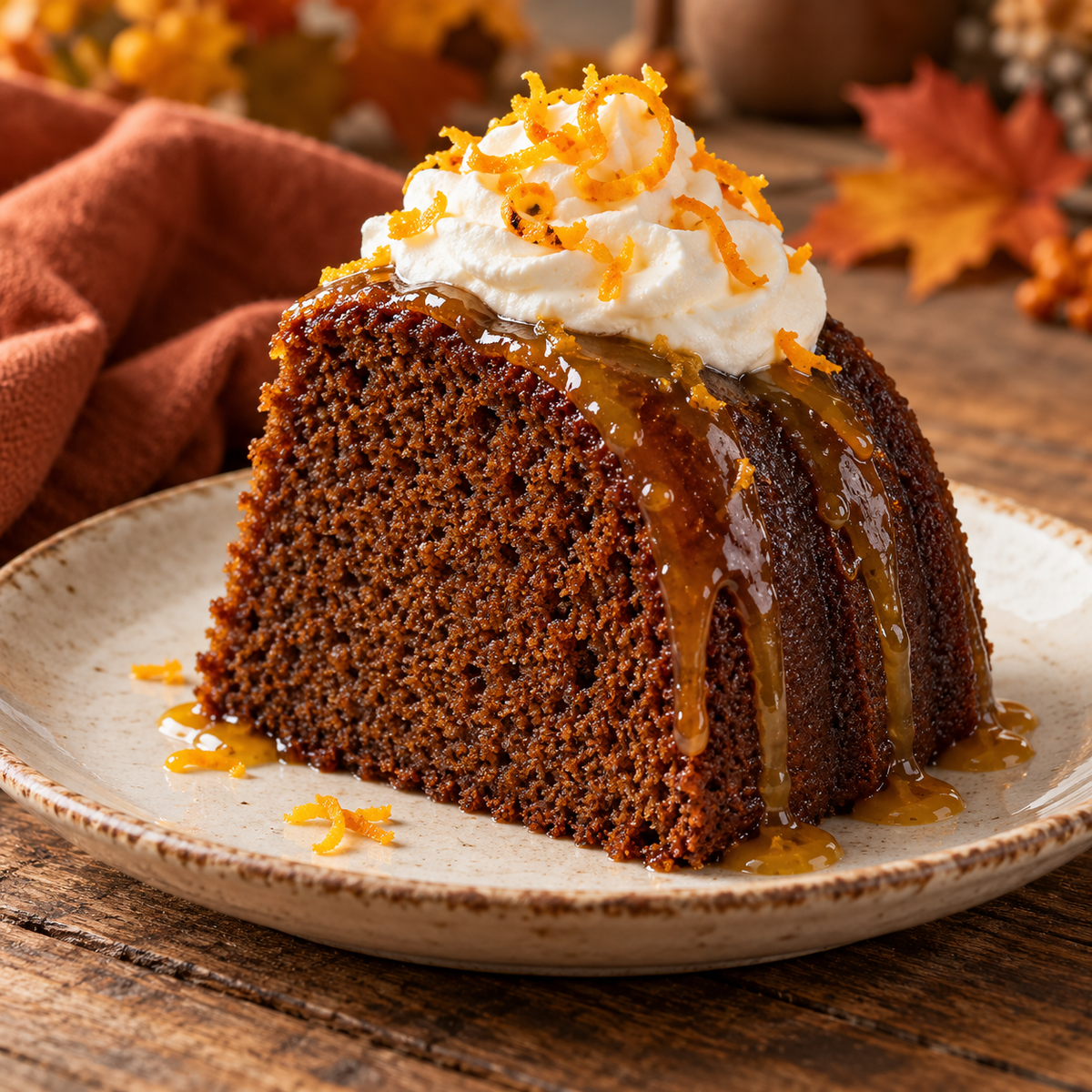 Perfectly spongey bundt-style Date Cake  with pour over buttery glaze & orange-infused whipped cream tamfooderie.com