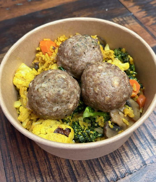 Chef's Special: Greek Meatballs w/Rice & Roasted Veggies tamfooderie.com